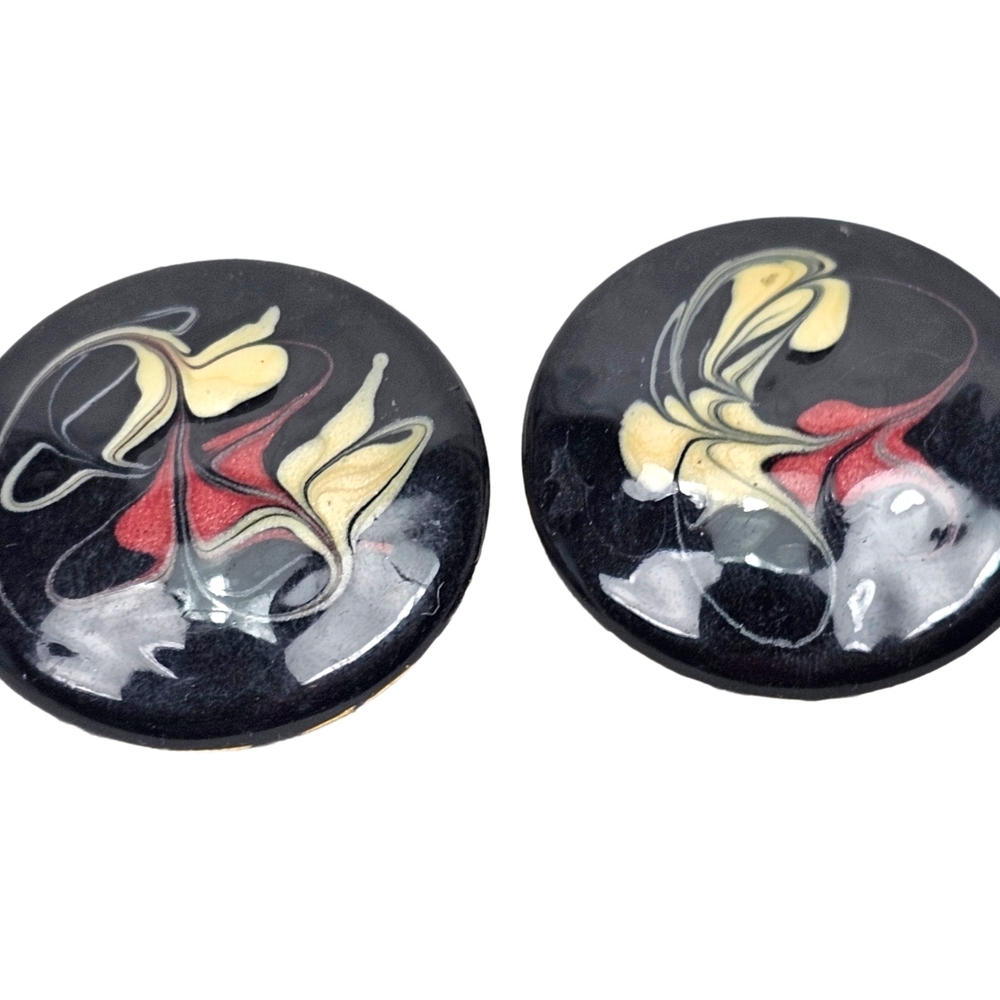 Vintage 80s Abstract Enamel Stud Earrings Black Red Cream Gold Tone 1.25"